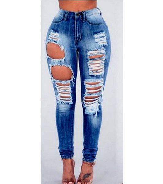 

новый микс юниоры джинсы женские брюки высокая талия синий деним стрейч джинсы тощие рваные проблемные брюки, Blue