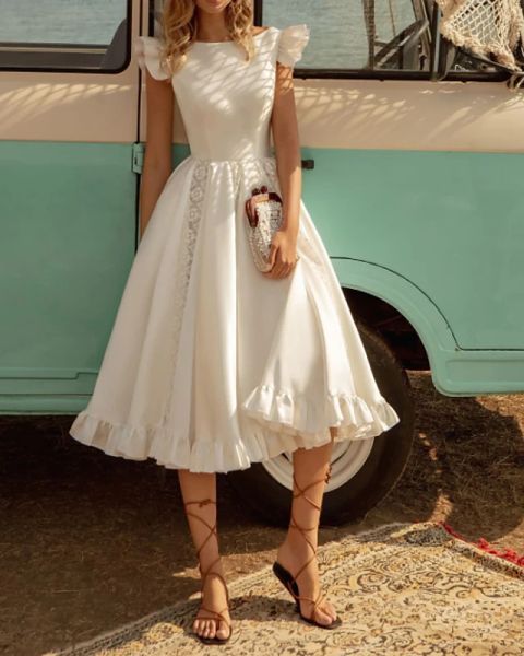 a-line wedding dresses off shoulder tea length lace stretch satin jersey short sleeve country plus size with lace insert cascading ruffles, White
a-line wedding dresses off shoulder tea length lace stretch satin jersey short sleeve country plus size with lace insert cascading ruffles, White