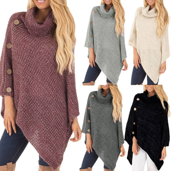 women's sweater autumn winter loose solid soft women's knit turtle neck poncho with button irregular hem pullover sweaters, White;black
women's sweater autumn winter loose solid soft women's knit turtle neck poncho with button irregular hem pullover sweaters, White;black