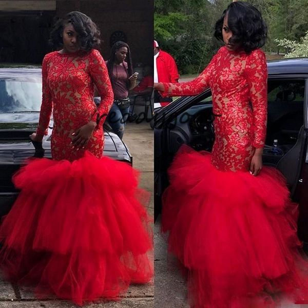 red lace high neck mermaid evening pageant dresses with long sleeve 2019 african ruffles tiered skirt robes de soirée prom gowns, Black;red
red lace high neck mermaid evening pageant dresses with long sleeve 2019 african ruffles tiered skirt robes de soirée prom gowns, Black;red