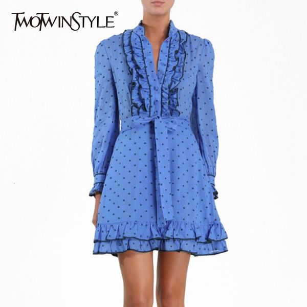 twotwinstyle ruffle bowknot polka dot dress for women long sleeve stand collar high waist lace up dresses female autumn new 2019, Black;gray
twotwinstyle ruffle bowknot polka dot dress for women long sleeve stand collar high waist lace up dresses female autumn new 2019, Black;gray
