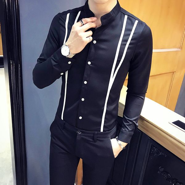 2019 autumn long sleeve shirt man stand lead shirt men fashion streetwear luxury line print night club tuxedo dress, White;black
2019 autumn long sleeve shirt man stand lead shirt men fashion streetwear luxury line print night club tuxedo dress, White;black