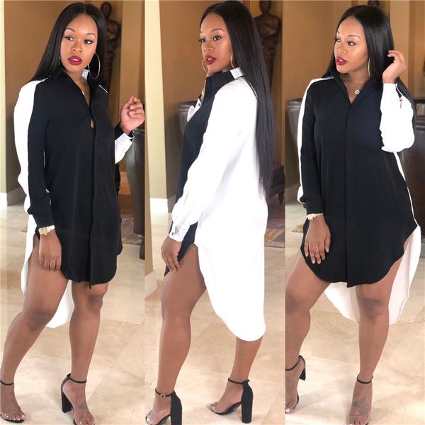 Hi-Lo Designer Womens Shirt Dresses Asymmetrical Lapel Neck Long Sleeve Dresses Sexy Causal Womens Clothing