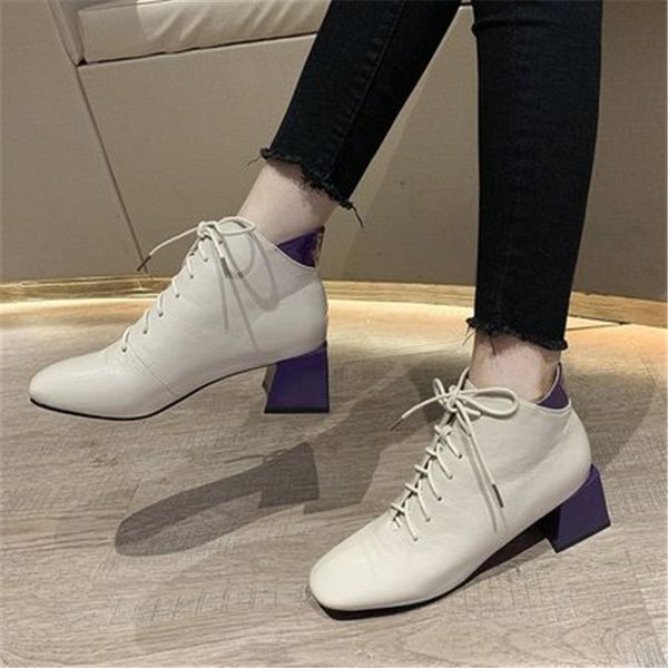 spring autumn ankle boots woman shoes pu leather ladies square head boots lace-up ankle women's pumps zapatos mujer 40, Black