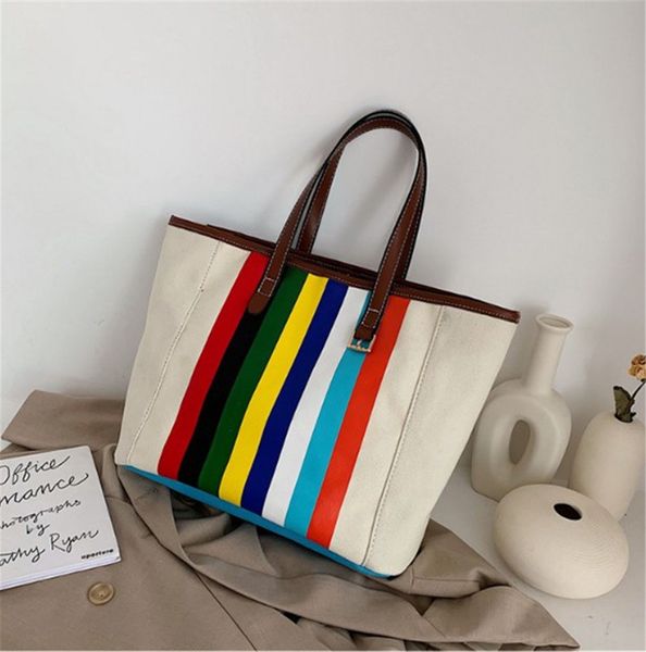 

Rainbow Stripe Canvas Bag Tote Bag Large Capacity Handbag PH-CFY2003193