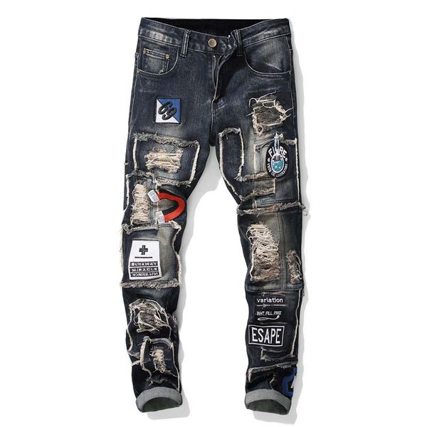men's ripped distressed jean pants slim straight denim biker trousers hi-street patchwork jeans pencil pants for male, Blue
men's ripped distressed jean pants slim straight denim biker trousers hi-street patchwork jeans pencil pants for male, Blue