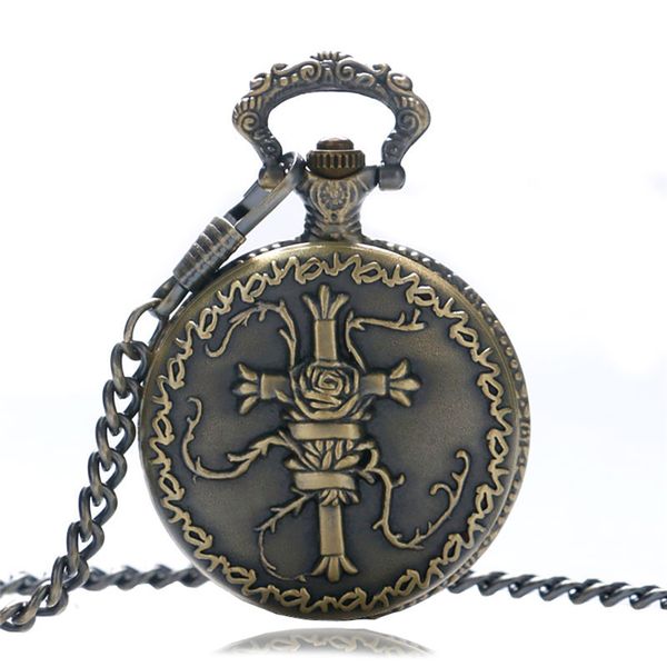 

antique bronze men's pocket watch 3d cross design quartz analog clock with necklace pendant chain reloj de bolsillo, Slivery;golden