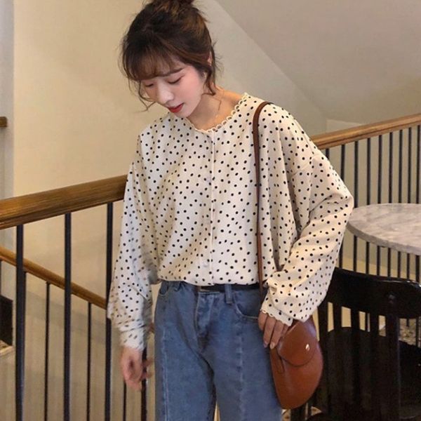 new 2020 autumn blouse new korean style dot pattern women shirt fashion sweet round neck long-sleeved, White 
new 2020 autumn blouse new korean style dot pattern women shirt fashion sweet round neck long-sleeved, White