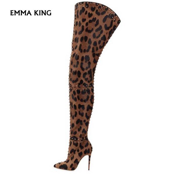 

suede leopard print over the knee boots women new thigh high boots rivets studded zipper pointed toe winter shoes women big size, Black