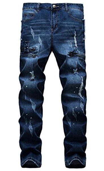 

ric foster men's ripped straight fit stretch biker jeans with zipper deco denim jean, Blue
