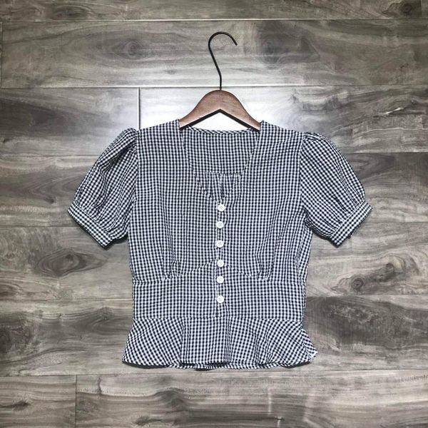 2019 new ladies fashion puff sleeve hem ruffled plaid short-sleeved shirt 0522, White
2019 new ladies fashion puff sleeve hem ruffled plaid short-sleeved shirt 0522, White