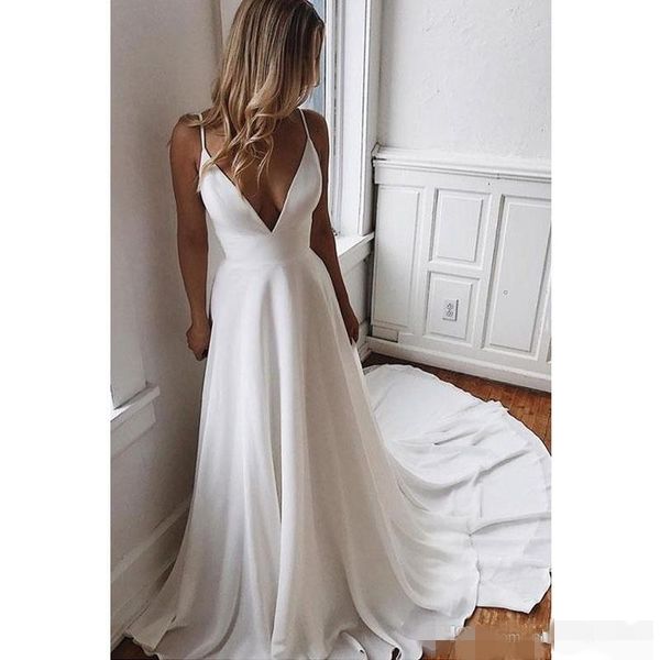 2020 beach wedding dresses spaghetti straps illusion backless luxury beaded crystals satin chiffon chapel train wedding gown, White
2020 beach wedding dresses spaghetti straps illusion backless luxury beaded crystals satin chiffon chapel train wedding gown, White