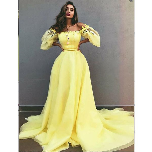 a-line off-the-shoulder yellow prom dresses bow tie short sleeve abric party gown with appliques sweep train prom gowns 2019, Black
a-line off-the-shoulder yellow prom dresses bow tie short sleeve abric party gown with appliques sweep train prom gowns 2019, Black