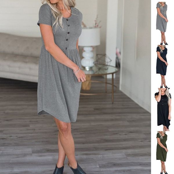 women short sleeve dress round neck button down solid color irregular hem dress, Black;gray
women short sleeve dress round neck button down solid color irregular hem dress, Black;gray