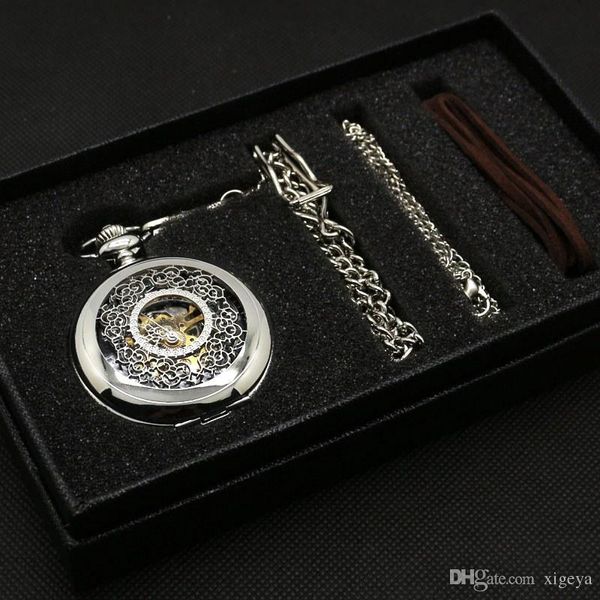 

2018 new arrival vintage skeleton steampunk mechanical hand winding pocket watch arabic numbers analog dial watches for men gift set, Slivery;golden