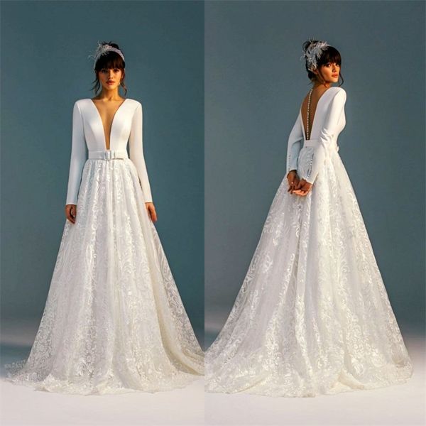elegant a-line wedding dresses high v-neck long sleeve appliqued lace bridal gown satin ruched sweep train garden robes de mariée, White
elegant a-line wedding dresses high v-neck long sleeve appliqued lace bridal gown satin ruched sweep train garden robes de mariée, White