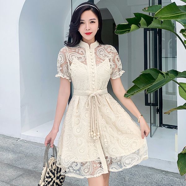 elegant hollow out beige lace dress 2020 summer women stand collar short sleeve single-breasted dress female sash short dresses, Black;gray
elegant hollow out beige lace dress 2020 summer women stand collar short sleeve single-breasted dress female sash short dresses, Black;gray