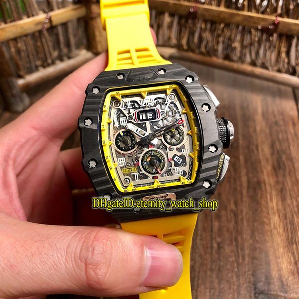 

rm11-03 mclaren skeleton big date dial black carbon fibre case flyback chrono automatic 11-03 mens watch yellow rubber strap sport watches, Slivery;brown