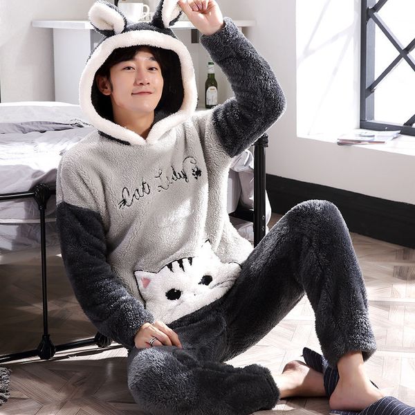 women coral fleece pajamas set gray hooded men home clothes winter lovers thick casual cute cats sleepwear suits, Blue;gray
women coral fleece pajamas set gray hooded men home clothes winter lovers thick casual cute cats sleepwear suits, Blue;gray