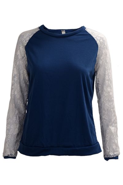 women's casual lace crochet long sleeve sweatshirt blouse blue, Black