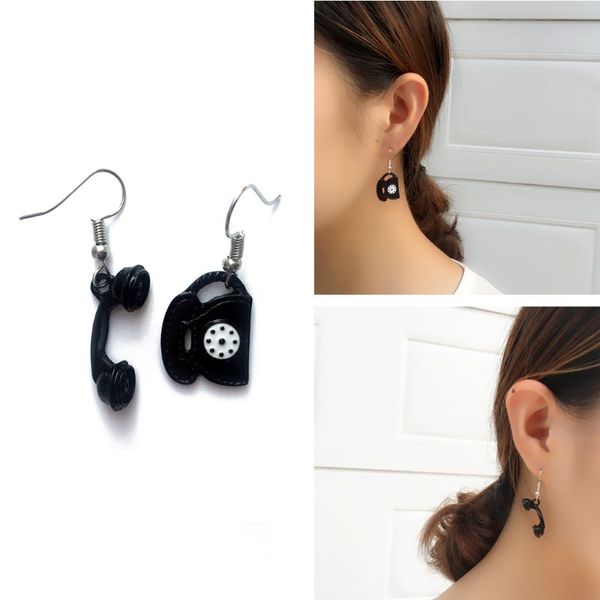 vintage black simulated telephone drop earrings for women fashion jewelry, Silver 
vintage black simulated telephone drop earrings for women fashion jewelry, Silver