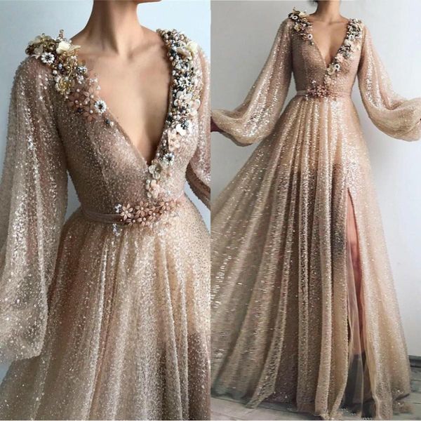 sparkly gold sequins prom dresses deep v neck long poet sleeves handmade flowers crystal beaded evening party gown formal occasion wear, Black
sparkly gold sequins prom dresses deep v neck long poet sleeves handmade flowers crystal beaded evening party gown formal occasion wear, Black