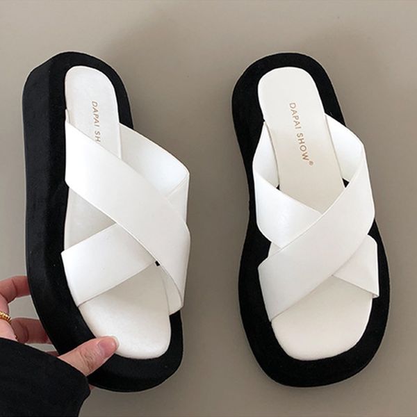 mixed color cross band height increasing women sandals elevated shoes women slippers net celebrity slip on femmes sandalias 2020, Black 
mixed color cross band height increasing women sandals elevated shoes women slippers net celebrity slip on femmes sandalias 2020, Black