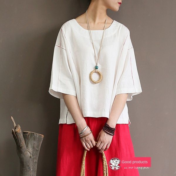 1844 xi mo literature and art contrast color thread loose embroidery embroidery large size old sand wash twill ramie women's top, White
1844 xi mo literature and art contrast color thread loose embroidery embroidery large size old sand wash twill ramie women's top, White