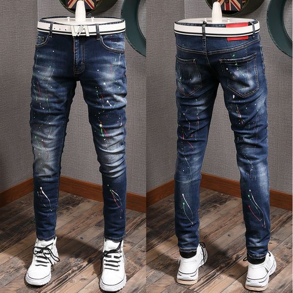 color painted design slim straight jeans vintage slim leg wash denim pants cowboy trousers, Blue
color painted design slim straight jeans vintage slim leg wash denim pants cowboy trousers, Blue