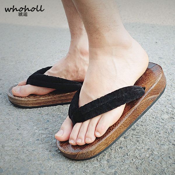 

whoholl geta summer sandals man japanese wooden slippers cos clogs men's flat flip-flops thick sole antiskid platform sandals, Black