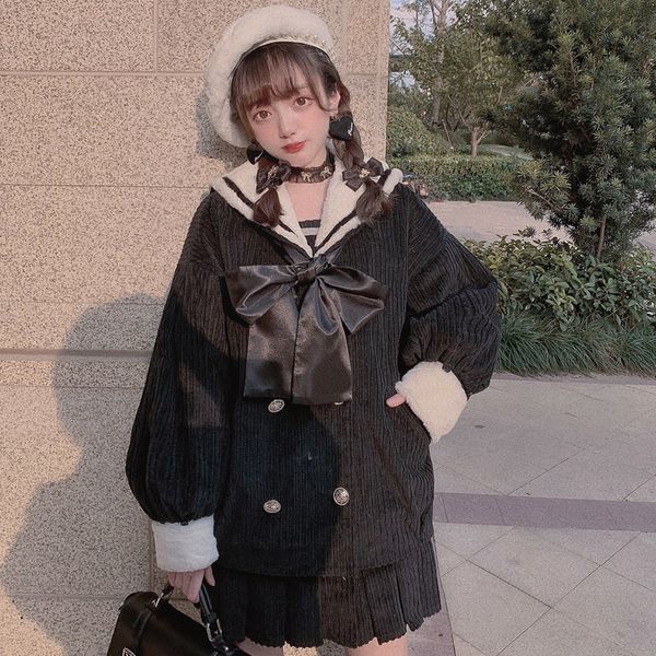 princess sweet lolita coat bobon21 navy style coat thick plush liner fake two with wool collar detachable women c1823, Black
princess sweet lolita coat bobon21 navy style coat thick plush liner fake two with wool collar detachable women c1823, Black