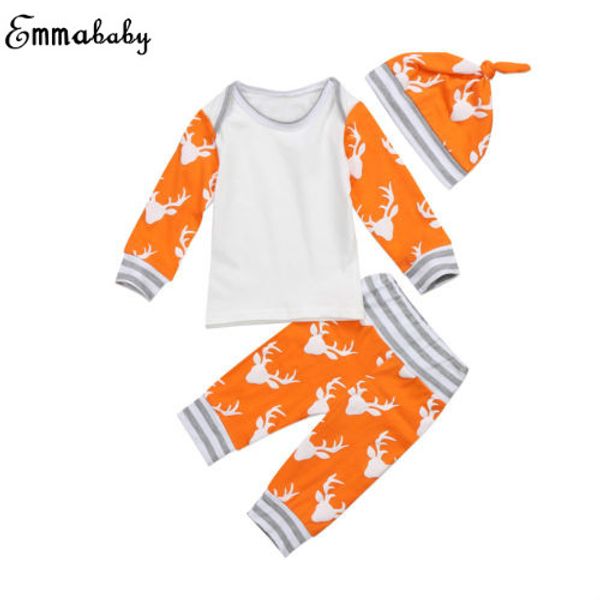 

emmababy 3шт комплект одежды младенец новорожденный мальчик девочка топы + олень брюки+ шляпа наряд рождественский комплект одежды, Pink;blue