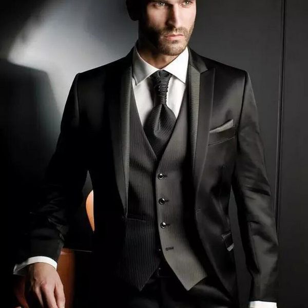 black peaked lapel groom tuxedos three pieces men wedding suits formal men business prom party (jacket+vest+pants), Black;gray
black peaked lapel groom tuxedos three pieces men wedding suits formal men business prom party (jacket+vest+pants), Black;gray