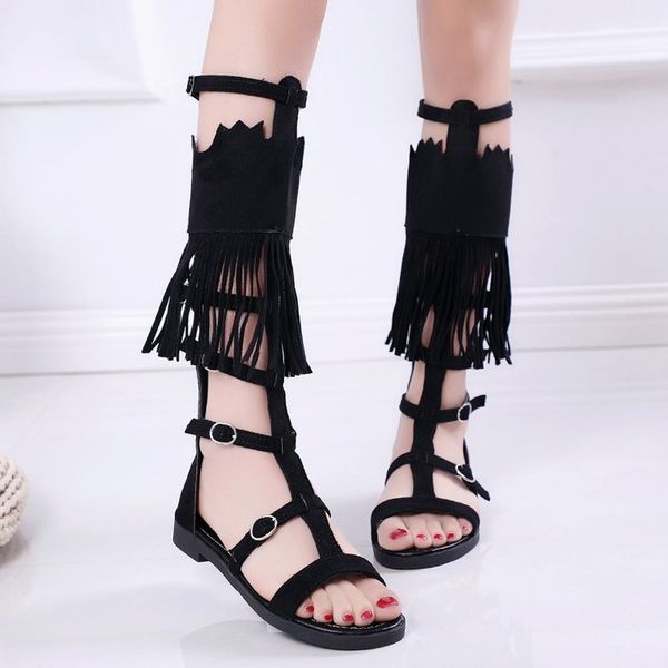 sandals women 2020 new sandals female summer students flat bottom wild fringe long tube roman shoes high tube, Black 
sandals women 2020 new sandals female summer students flat bottom wild fringe long tube roman shoes high tube, Black