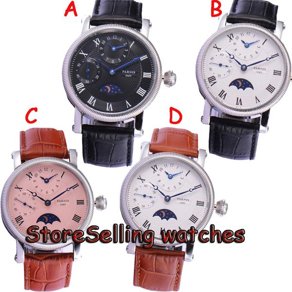 

42mm white dial moon phase gmt hand winding mens wrist watch, Slivery;brown