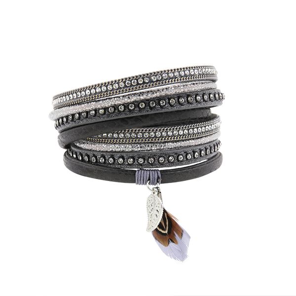 

strathspey bracelet pu leather bracelet & bangle women pulseira de couro feminine alloy leaf feather charm wrap pulseras mujer, Golden;silver