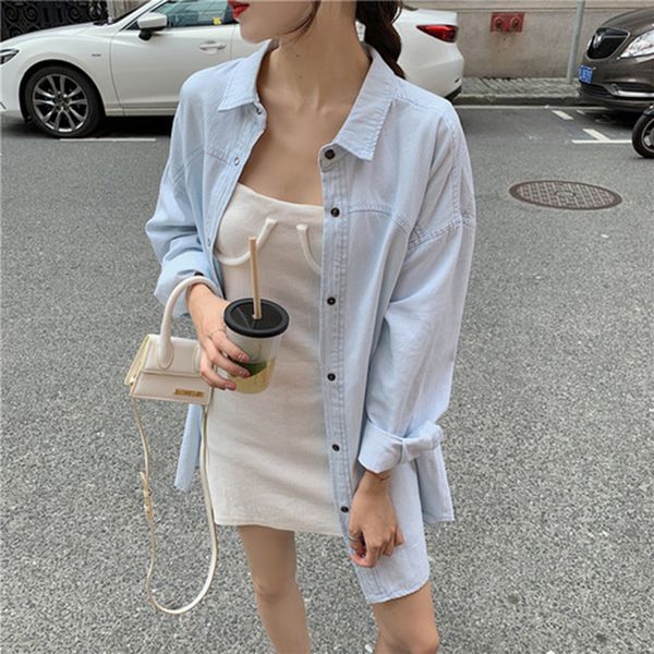 new 2019 spring autumn korea fashion women loose casual cotton denim long shirts coat female light blue blouse s296, White
new 2019 spring autumn korea fashion women loose casual cotton denim long shirts coat female light blue blouse s296, White
