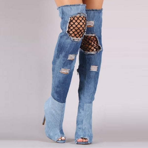 new women shoes denim thigh high boots high heels peep toe long boots ladies hollow holes punk over the knee big size, Black
new women shoes denim thigh high boots high heels peep toe long boots ladies hollow holes punk over the knee big size, Black