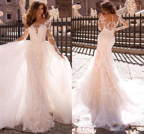 long sleeve lace mermaid wedding dresses 2020 sheer mesh applique sweep train wedding bridal gowns with detachable train bc2865, White
long sleeve lace mermaid wedding dresses 2020 sheer mesh applique sweep train wedding bridal gowns with detachable train bc2865, White