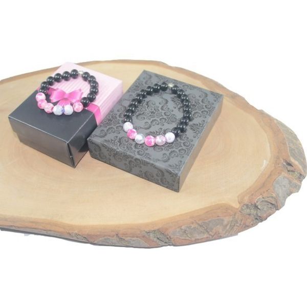 8mm onyx and pink veined agate natural stone mother-child bracelet, Golden;silver
8mm onyx and pink veined agate natural stone mother-child bracelet, Golden;silver