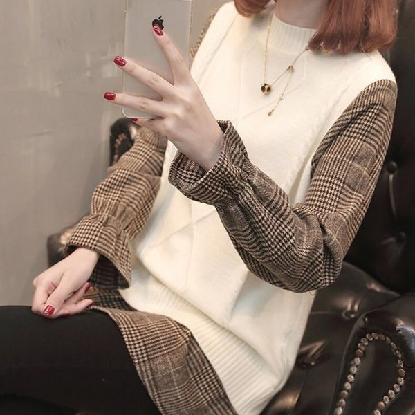 women's sweater plaid trumpet sleeve knitted bottoming shirt female 2020 loose sweater female fake two pieces, White;black
women's sweater plaid trumpet sleeve knitted bottoming shirt female 2020 loose sweater female fake two pieces, White;black
