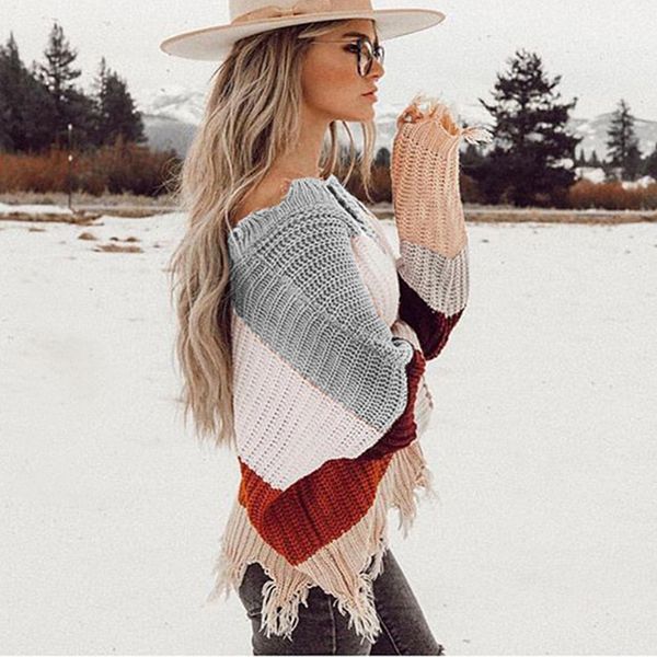 rainbow sweater women ripped v neck pullover and sweater long sleeve striped autumn knit, White;black
rainbow sweater women ripped v neck pullover and sweater long sleeve striped autumn knit, White;black