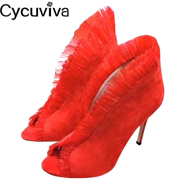 pretty ruffles thin high heels women pumps red suede peep toe slip on dress shoes woman runway party wedding shoes, Black
pretty ruffles thin high heels women pumps red suede peep toe slip on dress shoes woman runway party wedding shoes, Black