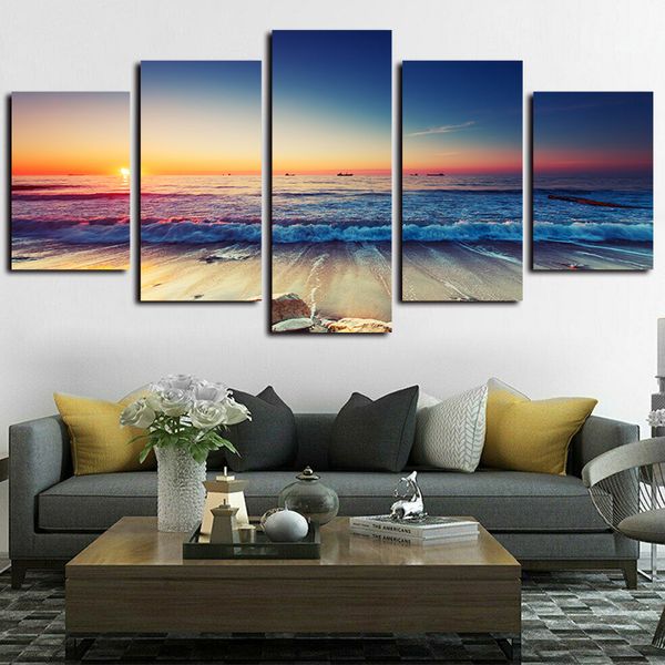 

5 panels sunset beach landscape painting modern artworks giclee canvas wall art for home decor abstract poster canvas print oil painting
