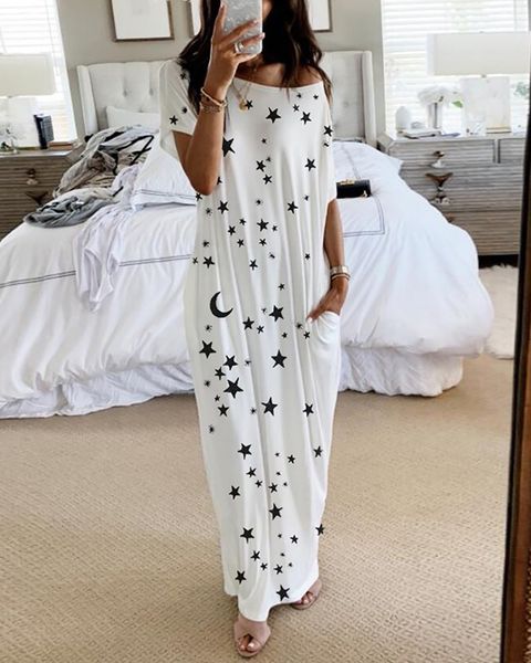 summer 2020 europe and the united states new one-letter collar loose women's wear star moon print short sleeve long dress, Black;gray
summer 2020 europe and the united states new one-letter collar loose women's wear star moon print short sleeve long dress, Black;gray