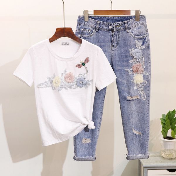 2019 spring summer women dragonfly flower short sleeve t-shirt + broken hole nine points jeans pants two piece set casual suits, White
2019 spring summer women dragonfly flower short sleeve t-shirt + broken hole nine points jeans pants two piece set casual suits, White