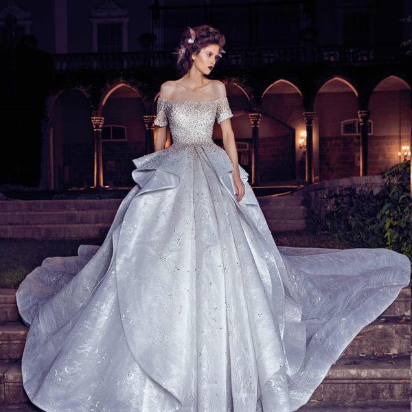2019 saiid kobeisy lace wedding dresses a-line off shoulder bridal gowns chapel beaded tiered wedding dress with short sleeves, White
2019 saiid kobeisy lace wedding dresses a-line off shoulder bridal gowns chapel beaded tiered wedding dress with short sleeves, White