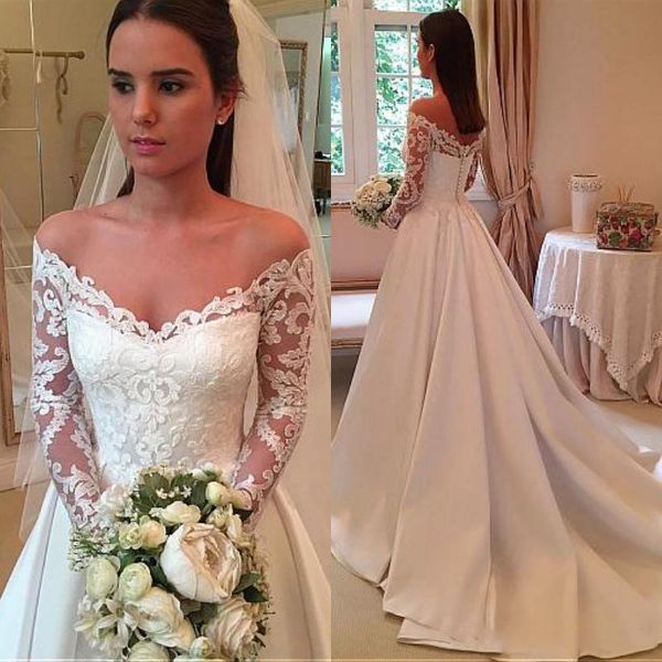 custom long sleeves lace wedding dresses with appliques off shoulder court train princess a line wedding bridal gowns, White
custom long sleeves lace wedding dresses with appliques off shoulder court train princess a line wedding bridal gowns, White