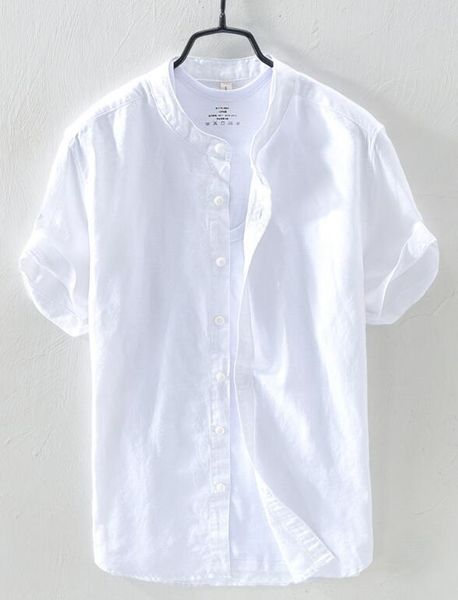 european and american cotton and linen men's solid color stand collar single-breasted short-sleeved casual shirt, White;black
european and american cotton and linen men's solid color stand collar single-breasted short-sleeved casual shirt, White;black