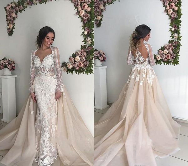 long sleeve mermaid wedding dress lace appliques with overskirt garden country church bride bridal gown custom made plus size, White
long sleeve mermaid wedding dress lace appliques with overskirt garden country church bride bridal gown custom made plus size, White